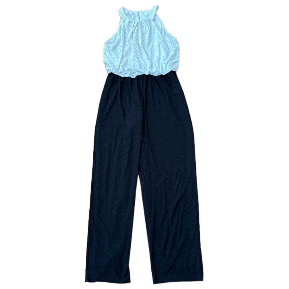 LONDON TIMES Sleeveless Eyelet Contrast Jumpsuit keyhole opening size medium